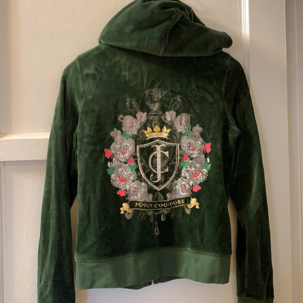 Y2K VINTAGE JUICY COUTURE GREEN VELOUR TRACKSUIT HOODIE JACKET SZ M VELVET PLUSH - Picture 1 of 16